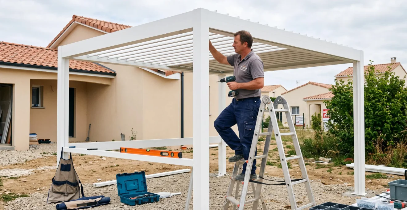 Artisan professionnel en tenue de travail installant une pergola bioclimatique blanche sur chantier résidentiel, échelle et outils professionnels visibles, structure en cours de montage