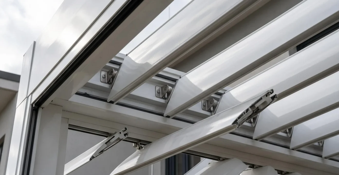 Gros plan sur les lames orientables en aluminium blanc d'une pergola bioclimatique, mécanisme d'ajustement et axes de rotation visibles, finition thermolaquée avec reflets lumineux