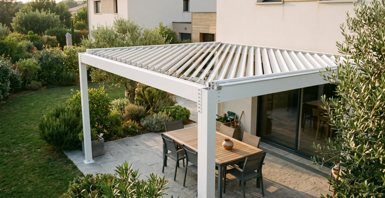 Pergola bioclimatique blanche en aluminium avec lames orientables semi-ouvertes installée sur une terrasse résidentielle française, mobilier de jardin contemporain sous la structure, végétation environnante et lumière naturelle de fin d'après-midi