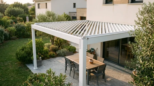 Pergola bioclimatique blanche en aluminium avec lames orientables semi-ouvertes installée sur une terrasse résidentielle française, mobilier de jardin contemporain sous la structure, végétation environnante et lumière naturelle de fin d'après-midi