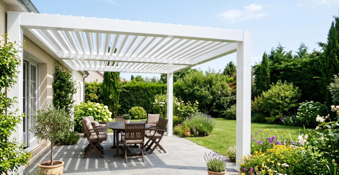 Pergola bioclimatique blanche installée dans un jardin résidentiel français, structure éclatante sous lumière naturelle réfléchissant la clarté, fort contraste avec la végétation verte environnante